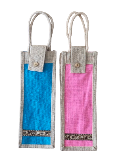 Jute velcro border Jute bag Pink Blue 106 Jute Water Bottle Bag with Velcro Closure - Image 1