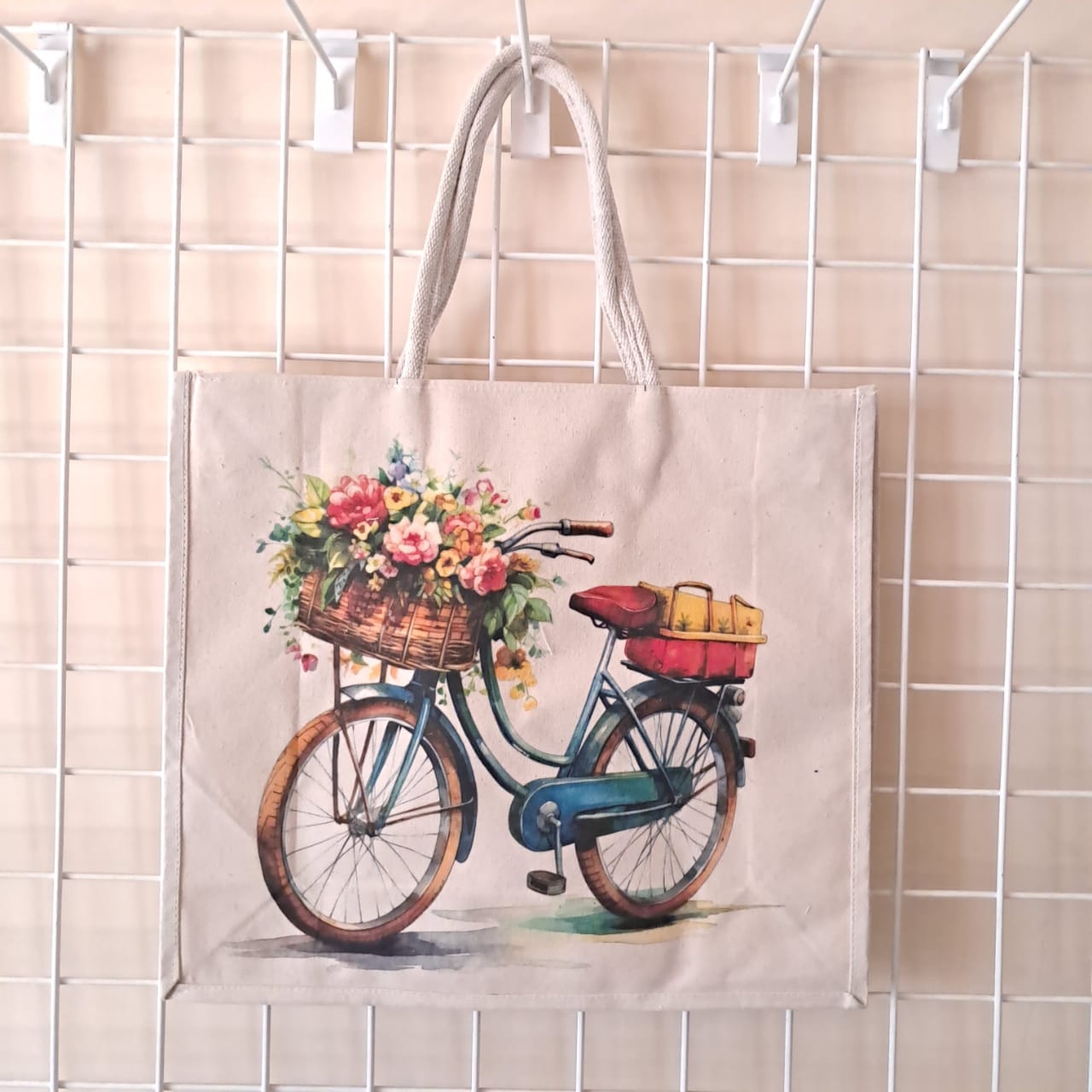 Big Canvas Bicycle print Floral Bicycle Printed Canvas Tote Bag - Image 1